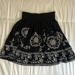 WHBM black chiffon tan floral embroidered smocked waist mini skirt XS